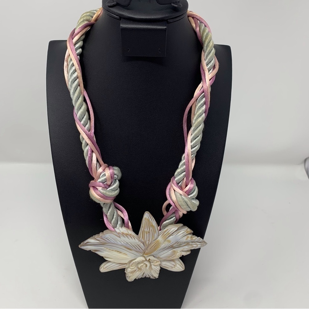 Pink and Light Blue Fabric Braided Necklace Genuine Shell Floral Pendant